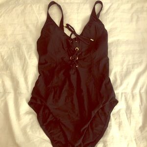 Black tie front one piece bathing suit